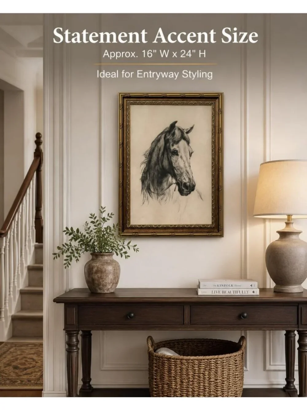Elegant Gold Framed Horse Head Sketch Wall Art | Equestrian Canvas Print 16x24